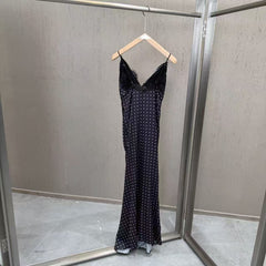 Polka Dot Spaghetti Strap Maxi Dress with Lace Trim