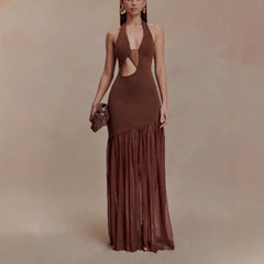 Halter Neck Cut-Out Maxi Dress with Pleated Skirt