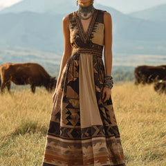 Boho V-Neck Geometric Print Sleeveless Maxi Dress