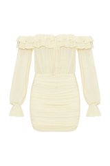 Off-the-Shoulder Ruched Long-Sleeve Mini Dress