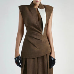 Sleeveless Asymmetric Wrap Vest with Contrast Lapel Detail