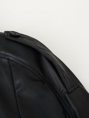 Belted Faux Leather Jacket with Notched Lapels and Epaulettes