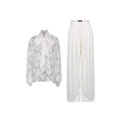 Lace Bow-Tie Blouse and Wide-Leg Pleated Pants Set