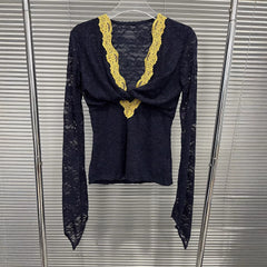 Contrast Lace V-Neck Twisted Long Sleeve Top