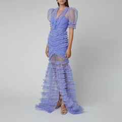 Tiered Ruffle Mesh Maxi Dress with Polka Dot Pattern