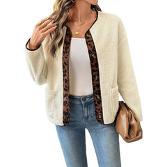 Cozy Teddy Fleece Cardigan Jacket with Contrast Print