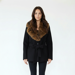 Black Wool Blend Coat with Large Faux Fur Collar