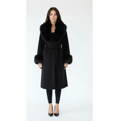 White Faux Fur Trim Belted Coat