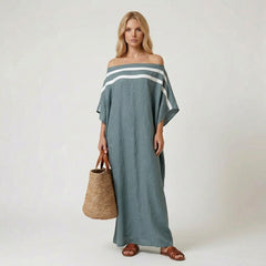 Off-the-Shoulder Striped Flutter Sleeve Maxi Column Dress