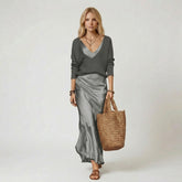 Satin Slip Maxi Dress with V-Neck Knit Sweater Layer