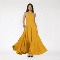 Halter Neck Backless Maxi Dress with Side Pockets