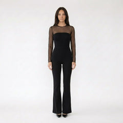 Sheer Mesh Long Sleeve Flare Leg Jumpsuit