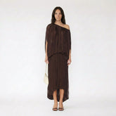 One-Shoulder Pleated Maxi Dress with Asymmetrical Hemline