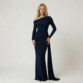 Off-the-Shoulder Long Sleeve Maxi Dress with Draped Side Detail