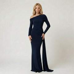 Off-the-Shoulder Long Sleeve Maxi Dress with Draped Side Detail