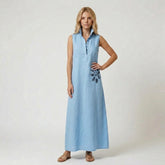 Sleeveless Maxi Shirt Dress with Floral Embroidery Detail