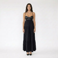 Faux Leather Bustier Tiered Maxi Dress with Pleated Skirt