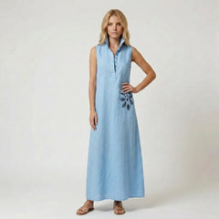 Sleeveless Maxi Shirt Dress with Floral Embroidery Detail