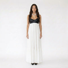 Faux Leather Bustier Tiered Maxi Dress with Pleated Skirt