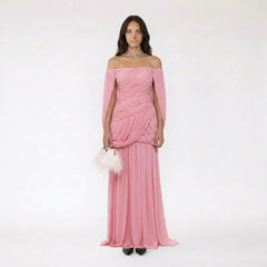 Off-the-Shoulder Ruched Gown with Draped Cape Sleeves