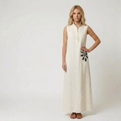 Sleeveless Maxi Shirt Dress with Floral Embroidery Detail