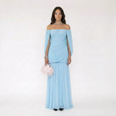 Off-the-Shoulder Ruched Gown with Draped Cape Sleeves