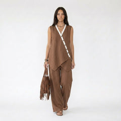 Sleeveless Asymmetric Button-Front Tunic and Wide-Leg Pants Set