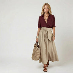 Button-Down Shirt and High-Waisted Tie-Front Maxi Skirt Set