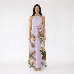 Halter Neck Tropical Floral Maxi Dress with Bow Waistband