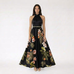 Halter Neck Tropical Floral Maxi Dress with Bow Waistband