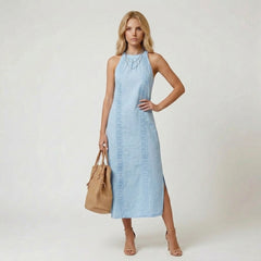 Halter Neck Maxi Dress with Vertical Lace Embroidery Trim
