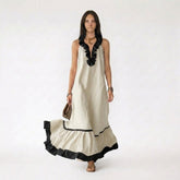 V-Neck Maxi Dress with Ruffled Trim and Flounced Hem