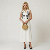 Sleeveless Collared Maxi Dress with Floral Embroidery Panels