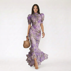 Floral Print Puff Sleeve Maxi Dress with Ruffled Hem