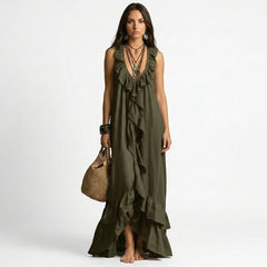 Ruffled V-Neck Sleeveless Maxi Dress with Tiered Flounce Hem