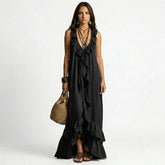 Ruffled V-Neck Sleeveless Maxi Dress with Tiered Flounce Hem