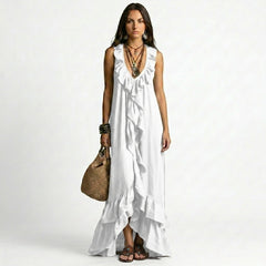 Ruffled V-Neck Sleeveless Maxi Dress with Tiered Flounce Hem