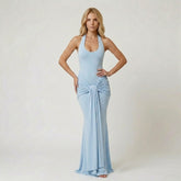 Halter Neck Bodycon Maxi Dress with Front Ruched Draping
