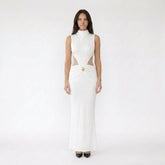 Sleeveless High-Neck Maxi Dress with Ruched Waist and Hardware Detail