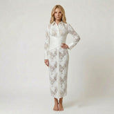 Long Sleeve Lace Maxi Dress with Crisscross Pleated Waist
