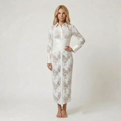 Long Sleeve Lace Maxi Dress with Crisscross Pleated Waist