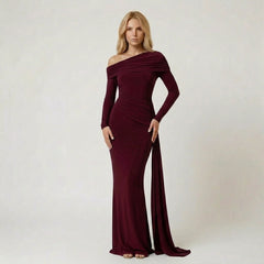 Off-the-Shoulder Long Sleeve Maxi Dress with Draped Side Detail