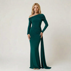 Off-the-Shoulder Long Sleeve Maxi Dress with Draped Side Detail