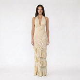 Halter Neck Plunging Maxi Dress with Tiered Ruffles
