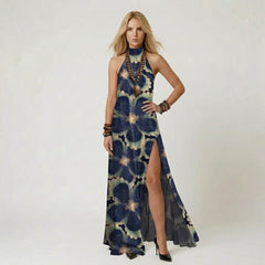 Floral Print Halter Maxi Dress with High Side Slit