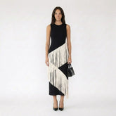 Sleeveless Midi Dress with Asymmetric Tiered Fringe Details