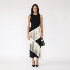 Sleeveless Midi Dress with Asymmetric Tiered Fringe Details