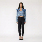 Ruffled Denim Corset Crop Top with Long Sleeves