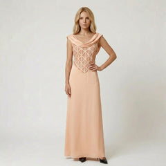 Cowl Neck Sleeveless Gown with Lattice Bodice Details