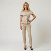 Off-the-Shoulder Button-Down Peplum Top with Foldover Collar